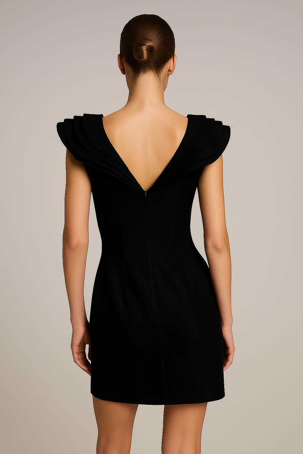 Sort minikjole i linnedblanding med flæser og V-hals