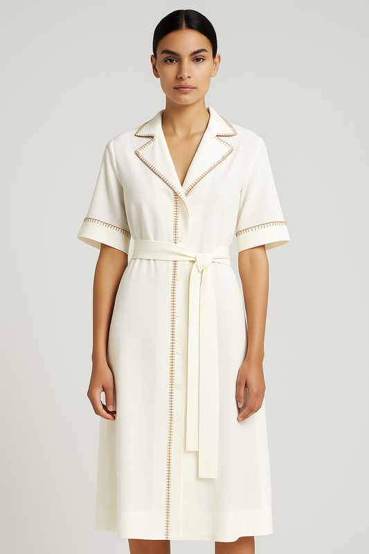 Hvid midi-kjole i hør-bomuld med kontrastsyninger