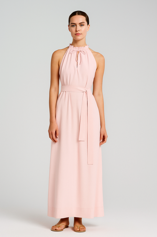 Ærmeløs midi-kjole i hør og bomuld med flæset halsudskæring